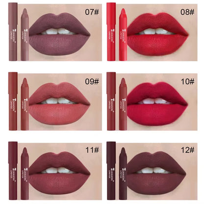 12Colors Natural Matte Lipstick Pencil Silk Lip Glaze Waterproof Lipstick Sexy Long Lasting Makeup Non-Stick Cup Lip Tint